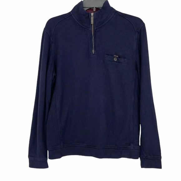 Ted Baker Sweater Mens Sz 3 Navy Blue Knit Quarter Zip Mock Neck Pocket Pullover - Picture 1 of 10